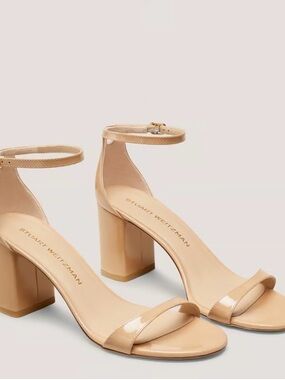 Stuart Weitzman Nude Patent Block Heel Sandals with Ankle Strap